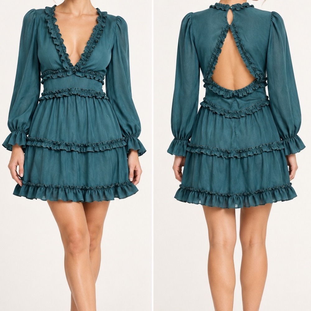 Teal Ruffle Mini Dress M Deep V Neck Open Back Long Sleeve Fairycore Romantic